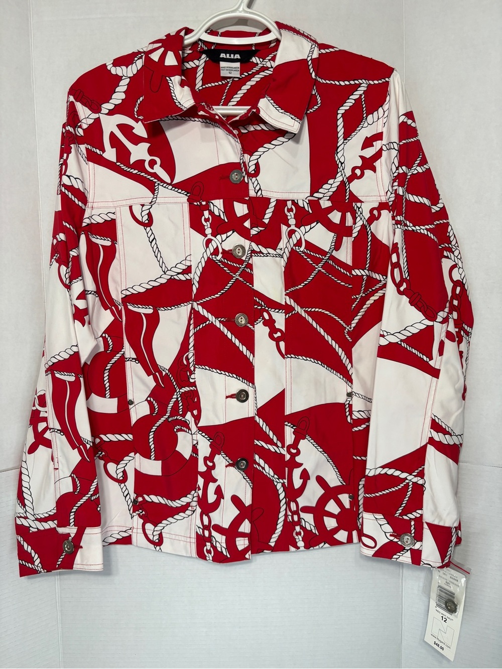 Alia Women’s sz 12 Rope-Print Button Shirt Lightweight Jacket Coastal Summer